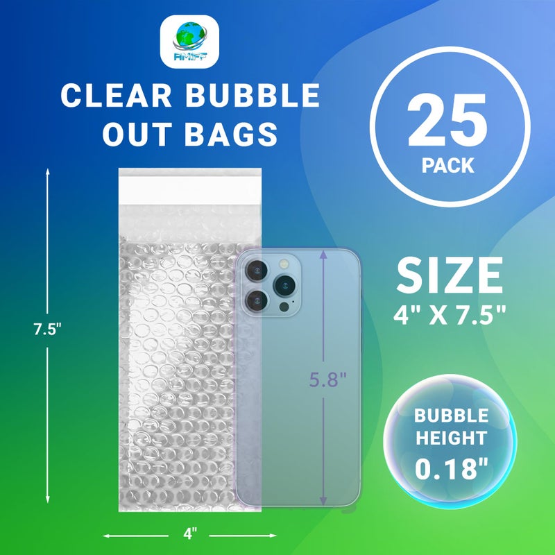 Amiff Shipping Bubble Bag, 4 x 7.5 Inches. 25 Pack Clear Bags for Packaging. Self Seal Bubble Pouches for Packing. Waterproof Polyethylene Storage Moving Bags. Packing Materials for Fragile Items - Image 2